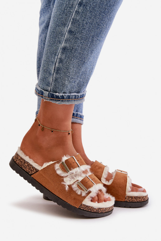 Feminin Hausschuhe Hausschuhe mit Schnallen und ein Pelzmantel braune Farbe Ezilena Feminin Hausschuhe Hausschuhe mit Schnallen und ein Pelzmantel braune Farbe Ezilena