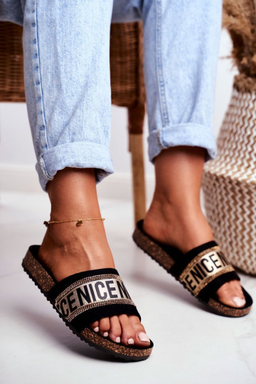 Hausschuhe mit glitzernden Ösen Schwarz und Gold Be Nice 2