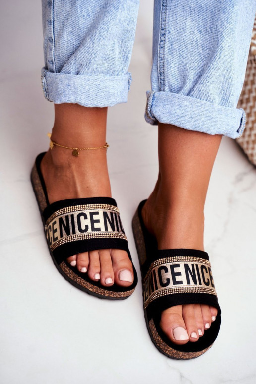 Hausschuhe mit glitzernden Ösen Schwarz und Gold Be Nice