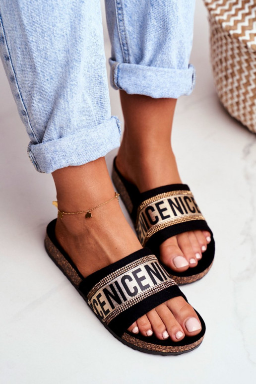 Hausschuhe mit glitzernden Ösen Schwarz und Gold Be Nice