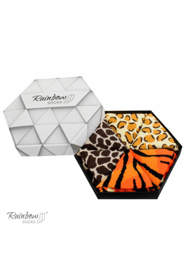 Bunte Socken in einer Box mit Motiven wilder Tiere, 3 Paar