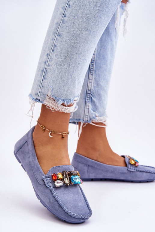 Elegante Wildleder-Mokassins mit glänzenden Ösen in der blauen Lucille-Farbe Elegante Wildleder-Mokassins mit glänzenden Ösen in der blauen Lucille-Farbe