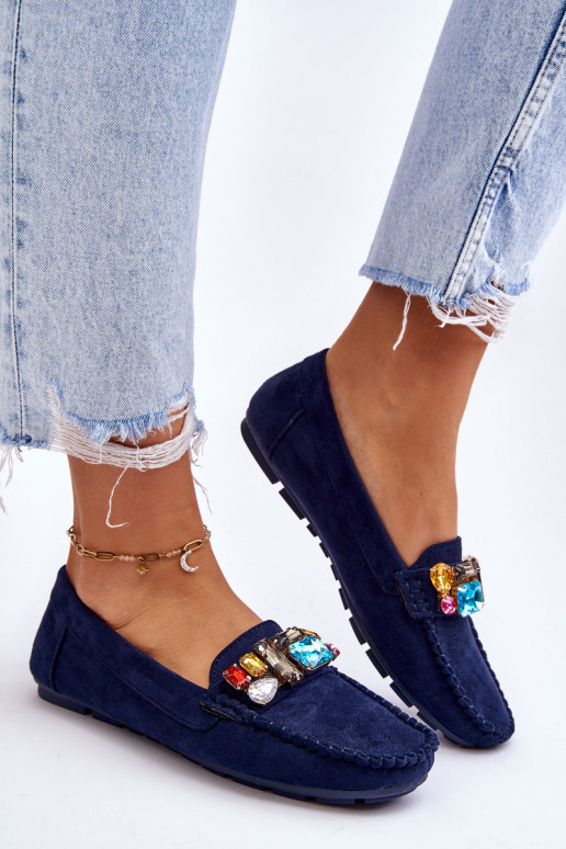 Elegante Wildleder-Mokassins mit glänzenden Ösen in dunkelblauer Lucille Elegante Wildleder-Mokassins mit glänzenden Ösen in dunkelblauer Lucille