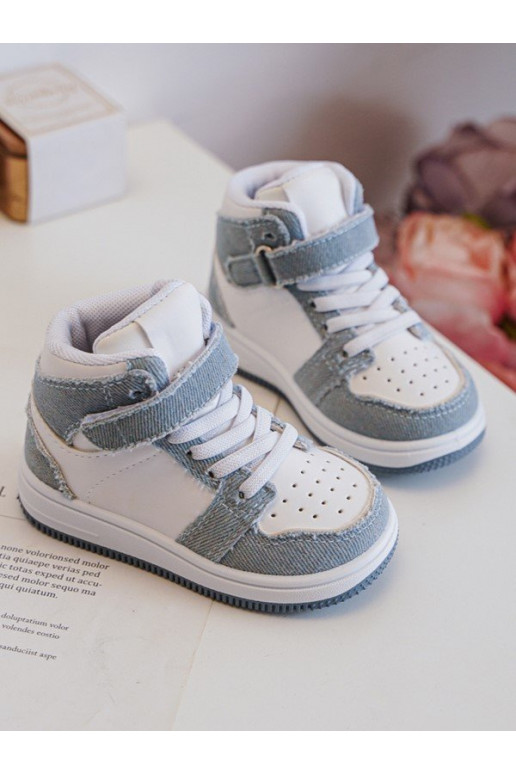 Kinder-Sportschuhe Denim-Material Weiß-blaue Farbe Milara Kinder-Sportschuhe Denim-Material Weiß-blaue Farbe Milara