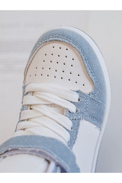 Kinder-Sportschuhe Denim-Material Weiß-blaue Farbe Milara Kinder-Sportschuhe Denim-Material Weiß-blaue Farbe Milara