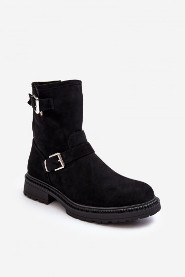 Bliggore Damen-Stiefeletten mit breitem Absatz und Schnalle in Schwarz