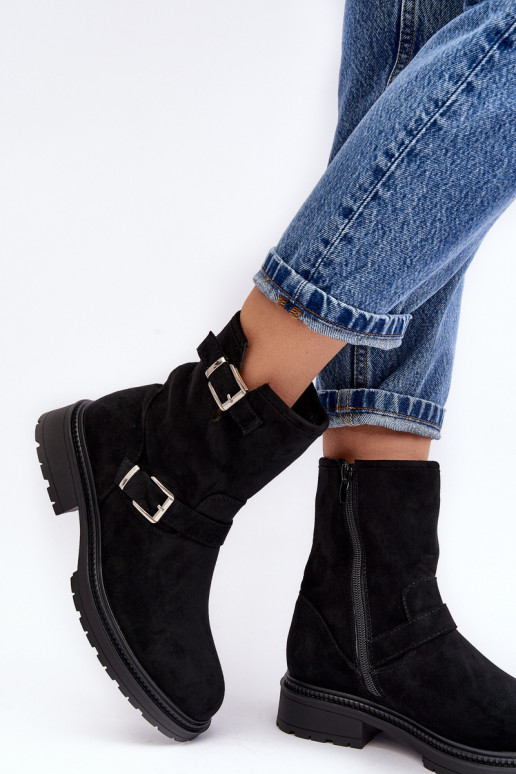 Bliggore Damen-Stiefeletten mit breitem Absatz und Schnalle in Schwarz Bliggore Damen-Stiefeletten mit breitem Absatz und Schnalle in Schwarz