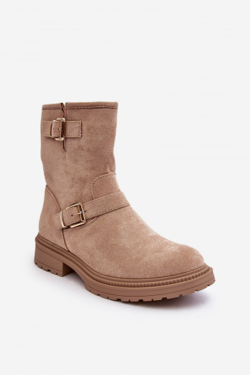 Beige Bliggore Damenstiefel mit breitem Absatz und Schnalle