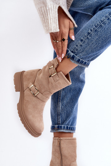 Beige Bliggore Damenstiefel mit breitem Absatz und Schnalle 2