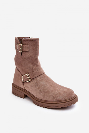 Beige Bliggore Damenstiefel mit breitem Absatz und Schnalle