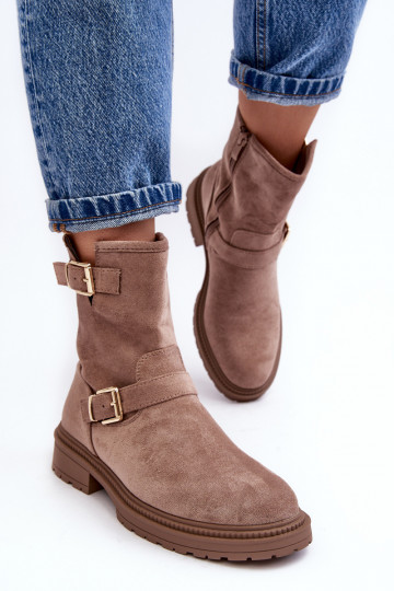 Beige Bliggore Damenstiefel mit breitem Absatz und Schnalle 2