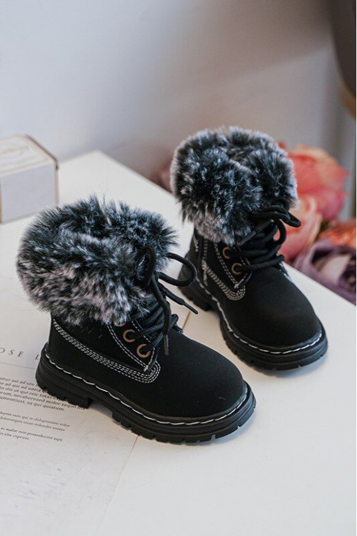 Kinder-Schnürstiefel mit Reißverschluss und Fell in schwarzem Gerande