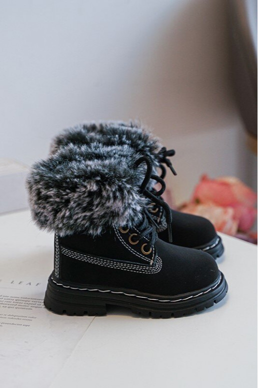 Kinder-Schnürstiefel mit Reißverschluss und Fell in schwarzem Gerande