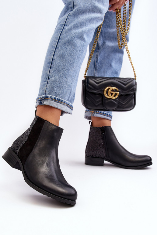 Stiefel mit weitem Absatz und glänzenden Schuppen in schwarzem Messio Stiefel mit weitem Absatz und glänzenden Schuppen in schwarzem Messio