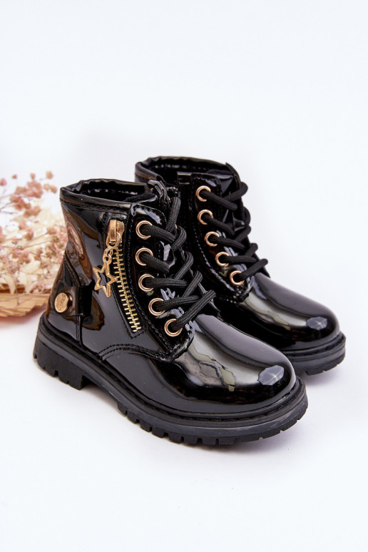 Kinderstiefel mit Lackeffekt und warmen Reißverschlüssen in der schwarzen Farbe Felori