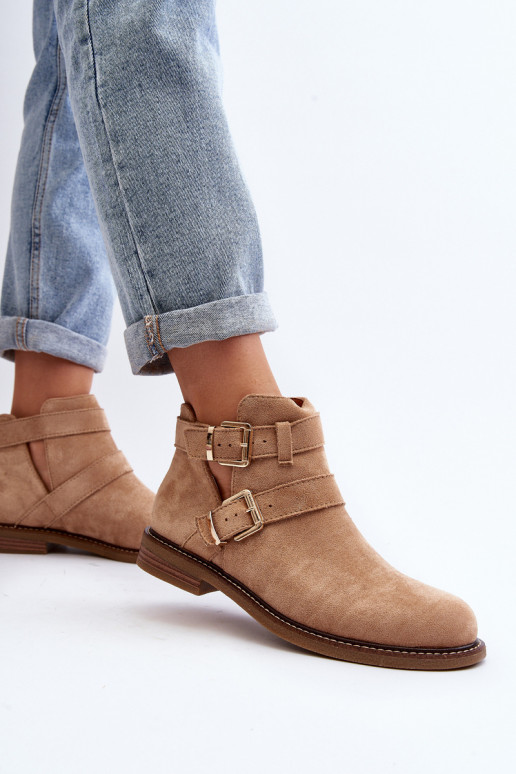 Stiefel mit weitem Absatz und Streifen in Beige von Melviana