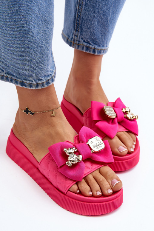 Damenhausschuhe mit Schleife und Bär in Fuchsia von Katterina