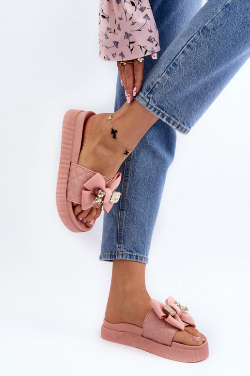 Damenhausschuhe mit Schleife und Bär, Rožinė Katterina