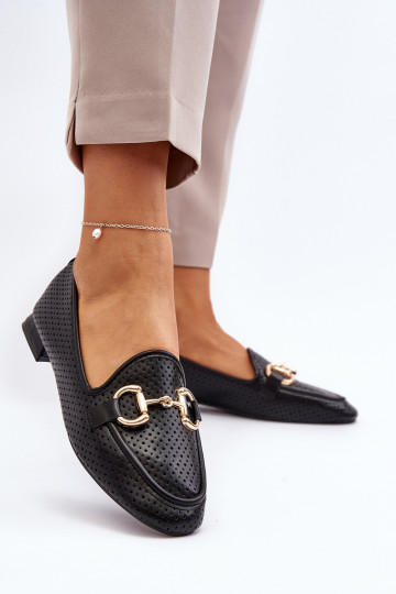 Damen-Mokassins mit weitem Absatz und Ornamenten in Schwarz Iluvana