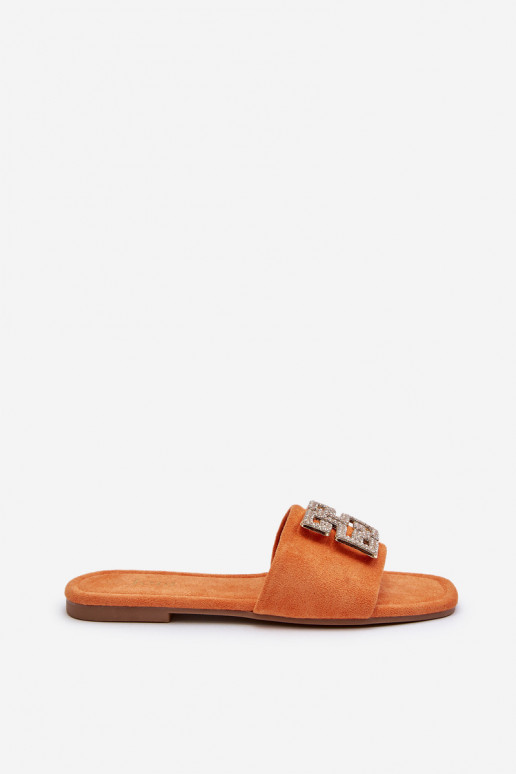 Damenhausschuhe mit breiten Absätzen und Ornamenten in der Farbe Orange Inaile