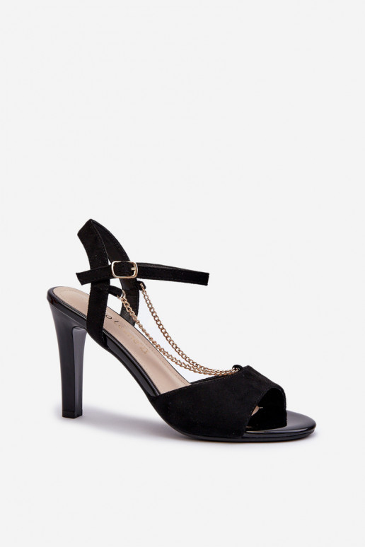 Damensandalen mit dünnem Absatz aus Öko-Wildleder mit Ketten Sergio Leone SK925 in Schwarz Damensandalen mit dünnem Absatz aus Öko-Wildleder mit Ketten Sergio Leone SK925 in Schwarz