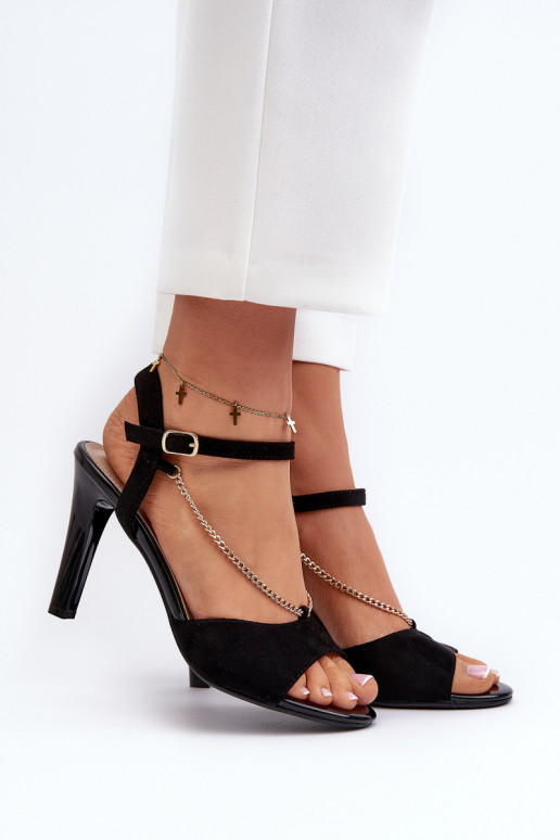 Damensandalen mit dünnem Absatz aus Öko-Wildleder mit Ketten Sergio Leone SK925 in Schwarz Damensandalen mit dünnem Absatz aus Öko-Wildleder mit Ketten Sergio Leone SK925 in Schwarz