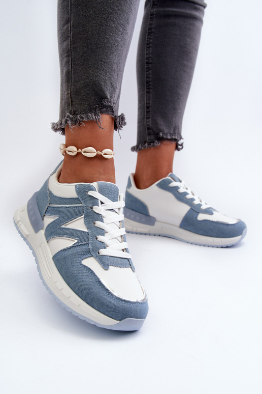 Jeans-Material, Sneakers-Modell, Schuhe aus Öko-Leder, blaue Farbe, Kaimans