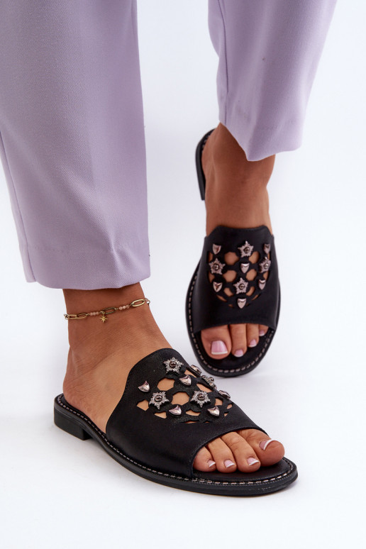 mit Glanz Damensandalen mit schönen Details S.Barski KV27-063 schwarze Farbe