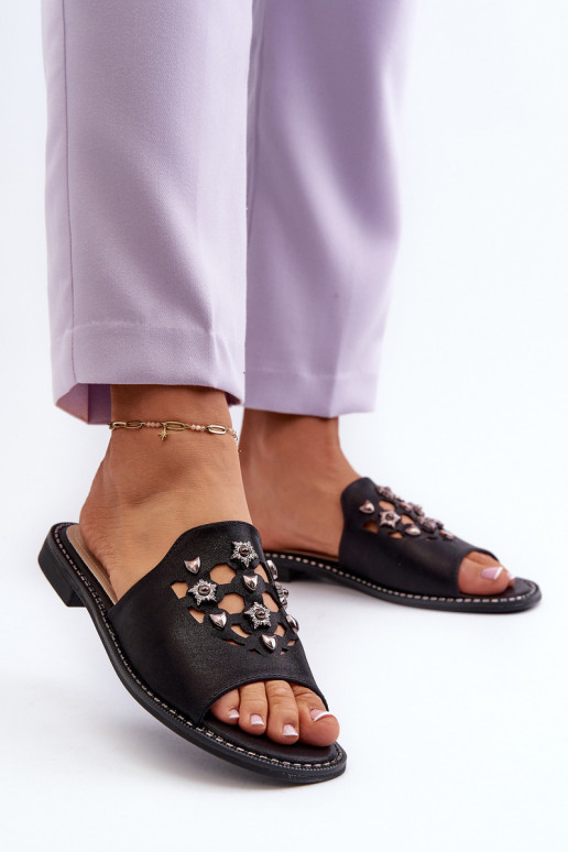 mit Glanz Damensandalen mit schönen Details S.Barski KV27-063 schwarze Farbe