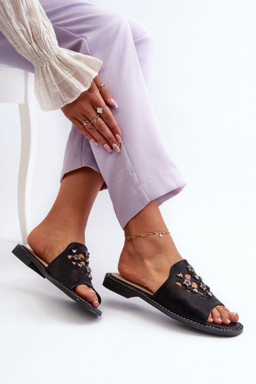 mit Glanz Damensandalen mit schönen Details S.Barski KV27-063 schwarze Farbe