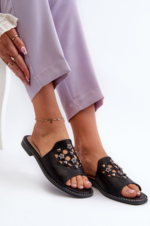 mit Glanz Damensandalen mit schönen Details S.Barski KV27-063 schwarze Farbe