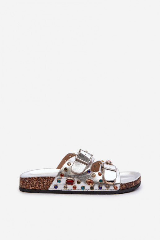 Verzierte Damenhausschuhe mit Schnallen S.Barski MY121 in Silberfarbe Verzierte Damenhausschuhe mit Schnallen S.Barski MY121 in Silberfarbe