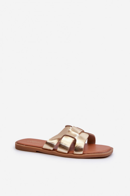 Damen-Flip-Flops mit flacher Sohle aus Öko-Leder in Goldfarbe Risamay