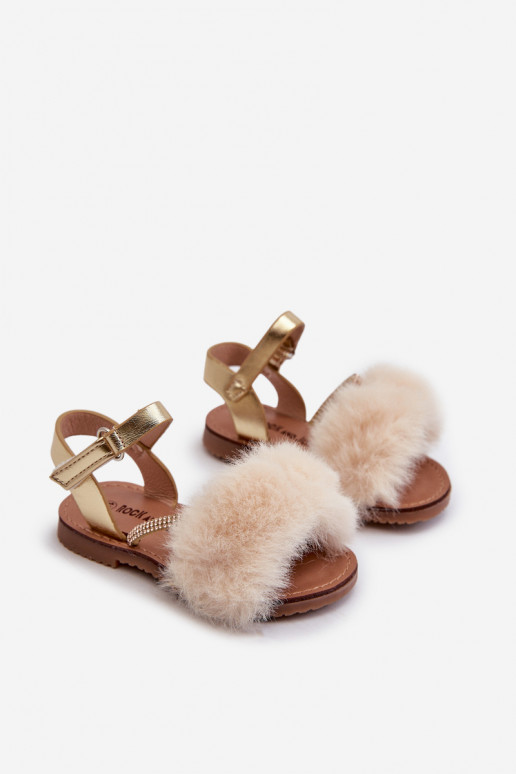 Sandalen für Kinder mit Klebeverschlüssen mit Fell, goldfarben Rosavere