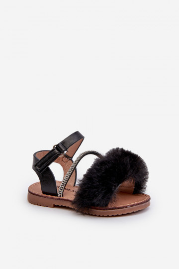 Sandalen Kinder mit Klebeverschlüssen mit Fell schwarz Farbe Rosavere 2