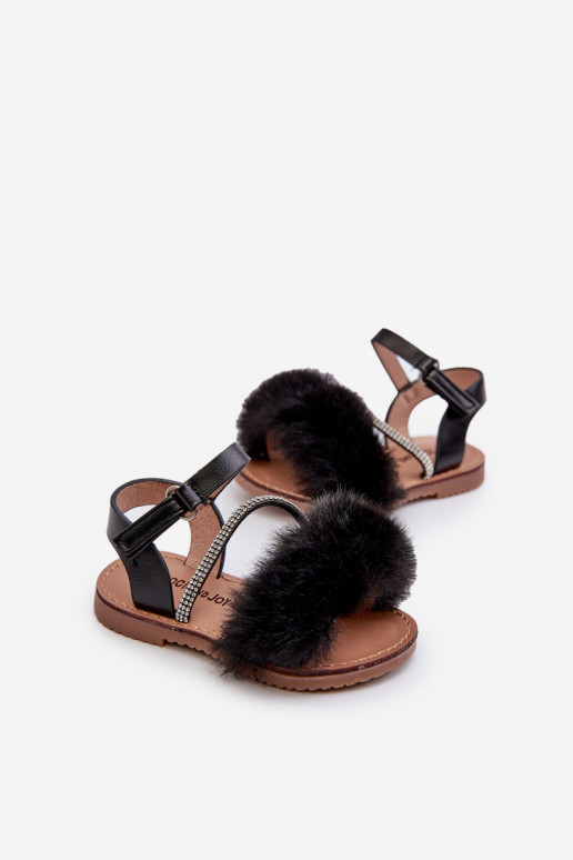 Sandalen Kinder mit Klebeverschlüssen mit Fell schwarz Farbe Rosavere