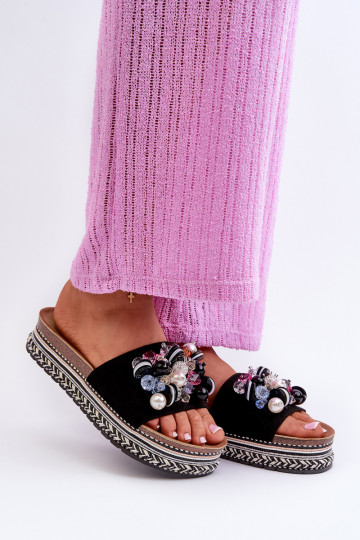 Damen-Flip-Flops mit Plateau und schönen Details S.Barski HY077 in schwarzer Farbe 2