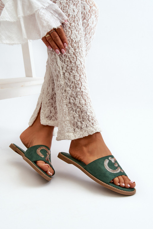 Flache Damenhausschuhe mit glänzenden Schuppen S.Barski KV27-052 in grüner Farbe