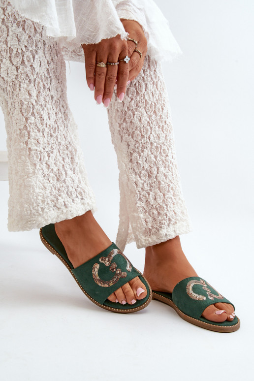 Flache Damenhausschuhe mit glänzenden Schuppen S.Barski KV27-052 in grüner Farbe