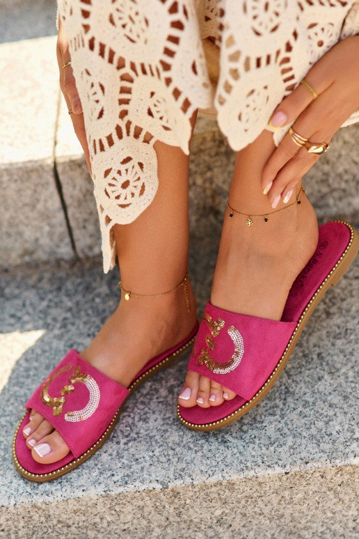 Flache Damenhausschuhe mit glänzenden Schuppen S.Barski KV27-052 rosa Farbe