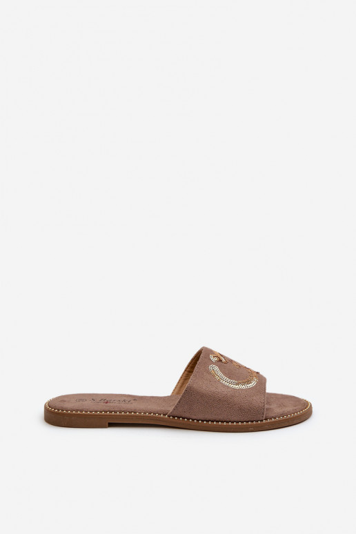 Flache Damenhausschuhe mit glänzenden Schuppen S.Barski KV27-052 in brauner Farbe