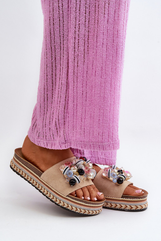 Damen-Flip-Flops mit Plateau und schönen Details S.Barski HY077 beige