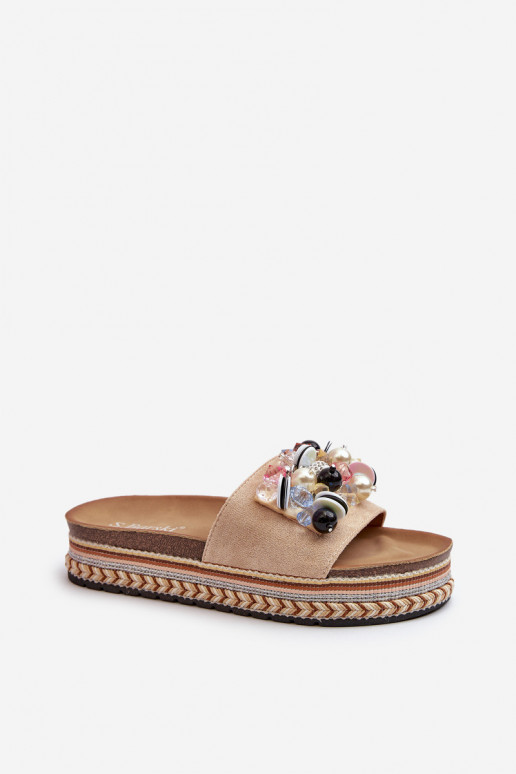 Damen-Flip-Flops mit Plateau und schönen Details S.Barski HY077 beige