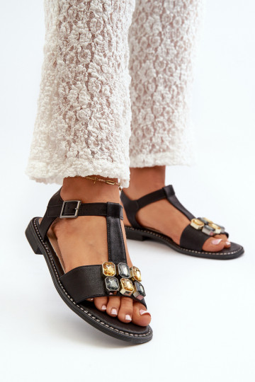 Elegante Damensandalen mit verzierten Details S.Barski KV27-030 in der Farbe Schwarz