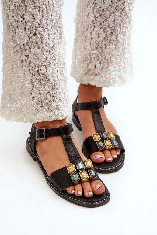 Elegante Damensandalen mit verzierten Details S.Barski KV27-030 in der Farbe Schwarz