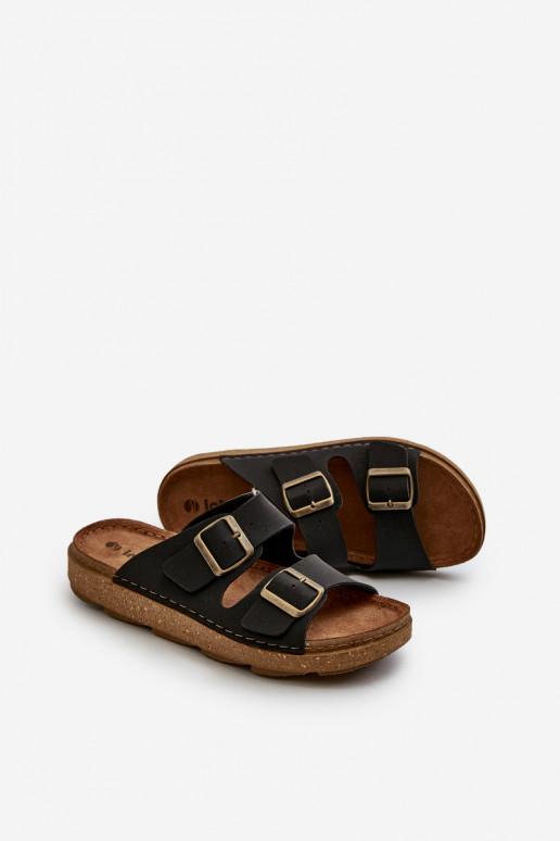 Einfache, bequeme Hausschuhe für Herren mit Schnallen, Inblu MT000016, schwarze Farbe