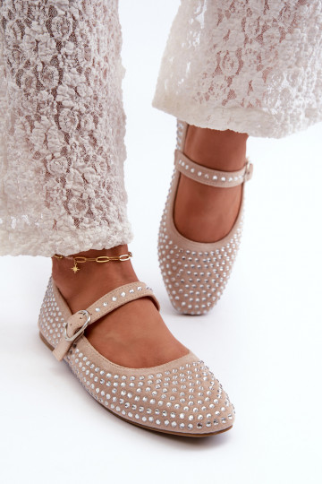 Sandfarbene Kunstwildleder Ballerinas, verziert mit Strass Tinara