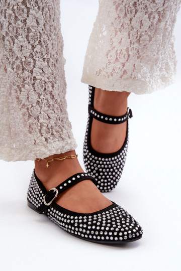Schwarze Kunstwildleder Ballerinas, verziert mit Strass Tinara