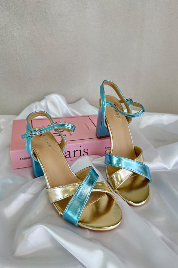 Himmelblau-goldfarbene elegante High Heels aus Kunstleder mit Schriftzug Abilica 2