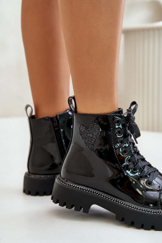 mit Lackeffekt Damenstiefel Zum Schloss Mit Dekorationen mit Herzenm schZuarze Farbe Obeena
